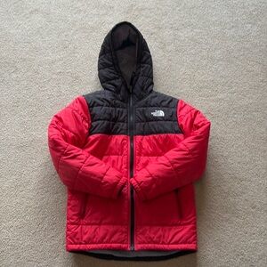 Kids medium Red & Black reversible North Face puffer jacket with gray lining